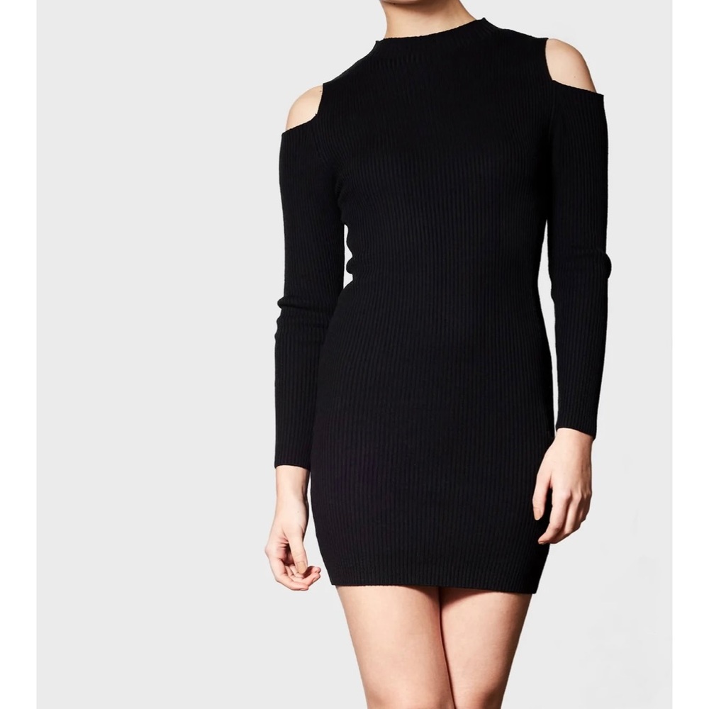 Pink Martini Boutique Brand Black Cold Shoulder Ribbed Sweater Dress